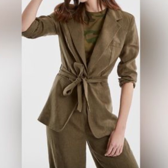 525 AMERICA olive green 100% Linen long sleeves single front button blazer Sz S - Picture 2 of 10